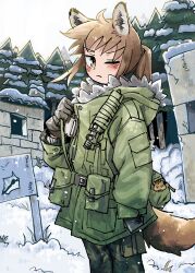 1girl :&lt; absurdres animal_ears blush brown_eyes brown_hair forest fox_ears fox_girl fox_girl_(yihan1949) fox_tail highres knife knife_sheath looking_at_viewer military_uniform nature one_eye_closed original ponytail sheath snow solo standing tail uniform winter winter_clothes yihan1949  rating:General score:2 user:milesseventh