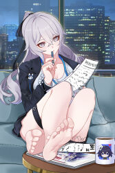  1girl absurdres bare_legs barefoot black_bow black_jacket black_skirt bow breasts bronya_zaychik bronya_zaychik_(outstanding_attitude)_(honkai_impact) bronya_zaychik_(silverwing:_n-ex) building chibi chibi_inset chinese_commentary cityscape cleavage coffee_mug collarbone commentary couch cup feet grey_hair hair_bow highres holding holding_paper holding_pen honkai_(series) honkai_impact_3rd indoors jacket lanyard large_breasts long_hair m78_zaitaoaotezhanshi mug office_lady official_alternate_costume official_art_inset open_clothes open_jacket paper pen pen_to_mouth ribbed_shirt seele_vollerei seele_vollerei_(stygian_nymph) shirt sitting skirt soles solo thigh_strap toes white_shirt window 