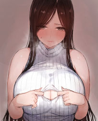 1girl bare_shoulders blush breasts brown_eyes brown_hair c.cu cleavage cleavage_cutout clothing_cutout commentary_request large_breasts long_hair looking_at_viewer original paizuri_invitation plump ribbed_sweater sleeveless sleeveless_turtleneck solo sweater tsuyuhara_miu turtleneck upper_body rating:Sensitive score:254 user:danbooru