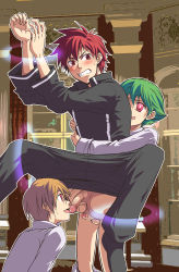  3boys blonde_hair blush clenched_teeth green_hair lask_(quiz_magic_academy) leon_(quiz_magic_academy) male_focus multiple_boys oral penis quiz_magic_academy red_eyes red_hair restrained school_uniform shima_kyousuke shoes shota smaller_dominant spiked_hair sweat teeth testicles tongue tongue_out uniform yaoi yuu_(quiz_magic_academy)  rating:Explicit score:28 user:smtnocturne