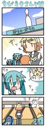 &gt;_&lt; 3girls 4koma :d >_< ^^^ aqua_hair blonde_hair blue_sky bowling chibi_miku comic day detached_sleeves closed_eyes failure hair_ribbon hatsune_miku kagamine_rin long_image minami_(colorful_palette) multiple_girls necktie open_mouth ribbon shirt shorts sky smile surprised sweatdrop tall_image translation_request twintails vocaloid xd |_| rating:General score:4 user:danbooru
