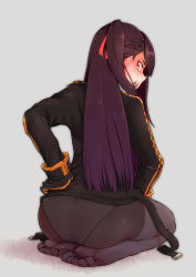 1girl artist_request ass barefoot black_pantyhose blush braid dress feet french_braid from_behind girls&#039;_frontline gloves hair_ribbon half_updo hand_on_own_hip highres kneeling long_hair looking_back looking_down military military_uniform no_shoes open_mouth panties panties_under_pantyhose pantyhose purple_hair red_eyes ribbon seiza short_dress simple_background sitting solo toes underwear uniform very_long_hair wa2000_(girls&#039;_frontline) rating:Questionable score:39 user:armorcrystal