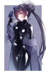  1girl black_bodysuit black_choker blue_archive blue_butterfly blue_eyes blue_hair blush bodysuit bodysuit_under_clothes braid braided_bun bug butterfly choker crotch_zipper embarrassed grey_halo hair_bun halo insect jacket kisaki_(blue_archive) latex latex_bodysuit looking_at_viewer maguro27 shiny_clothes skin_tight steaming_body striped_clothes striped_jacket vertical-striped_clothes vertical-striped_jacket zipper 