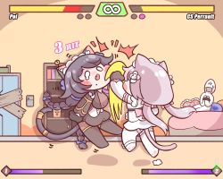 1boy 2girls absurdly_long_hair animal_ears bed black_hair blush_stickers bound bound_wrists braid breasts bulga cat_ears cat_girl cat_tail character_name chibi combo_counter command_input commander_(last_origin) english_text faceless faceless_male fake_screenshot fang fighting fighting_game gag health_bar improvised_gag in_the_face last_origin long_hair maid_headdress mole mole_on_breast mole_under_mouth multiple_braids multiple_girls necktie open_mouth perrault_(last_origin) poi_(last_origin) punching silver_hair sweatdrop tail tape tape_gag tearing_up twintails uppercut very_long_hair video_game rating:Sensitive score:7 user:danbooru