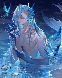 1boy absurdres alternate_form bishounen blue_eyes blue_hair blue_skin chinese_commentary collarbone colored_extremities colored_skin commentary_request crystalfly_(genshin_impact) expressionless fingernails fins fish_tail genshin_impact gradient_skin hand_up head_fins highres holding holding_jewelry holding_necklace jewelry long_hair looking_down male_focus merman monster_boy multicolored_skin necklace neuvillette_(genshin_impact) parted_lips partially_submerged pearl_necklace sample_watermark scales sharp_fingernails solo sparkle tail tears two-tone_skin upper_body water watermark yin01582942 