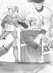  1boy 4girls absurdres arm_wrestling armor ass back barioth_(armor) beer_mug blue_eyes blush boots breasts cheering cup drink drooling drunk closed_eyes facing_another flat_ass full-face_blush greyscale height_difference high_ponytail highres holding holding_cup kirin_(armor) long_hair long_sleeves midair midriff monochrome monster_hunter_(character) monster_hunter_(series) motion_blur mug multiple_girls muscular muscular_male nargacuga_(armor) niwarhythm open_mouth panties shoulder_armor smile spread_legs standing strapless strong tongue tongue_out tube_top underboob underwear vest wooden_cup zinogre_(armor)  rating:Sensitive score:25 user:danbooru