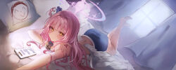  1girl angel_wings ass blue_archive blue_flower blue_shorts commentary doodle_sensei_(blue_archive) feathered_wings flower hair_bun hair_flower hair_ornament hair_ribbon halo highres lkeris looking_at_viewer low_wings lying mika_(blue_archive) on_stomach pink_hair pink_halo ribbon sensei_(blue_archive) shorts single_side_bun solo white_ribbon white_wings wings yellow_eyes 