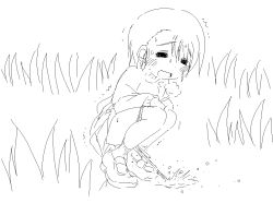 1girl ao_kurage blush breath closed_eyes grass lineart loli long_sleeves monochrome open_mouth panties panty_pull peeing puddle relief shoes short_hair skirt smile socks squatting sweat sweater trembling underwear white_panties rating:Explicit score:4 user:cpee