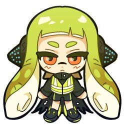  1girl agent_3_(splatoon) black_cape black_headphones blonde_hair cape high-visibility_vest inkling inkling_girl inkling_player_character long_hair long_sleeves looking_at_viewer nintendo orange_eyes patchwork_clothes salmon_yeon_eo simple_background single_vertical_stripe solo splatoon_(series) splatoon_1 splatoon_2 squidbeak_splatoon suction_cups tentacle_hair vest white_background yellow_vest 