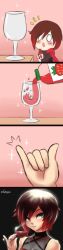  1girl 4koma :o art_shift artist_name comic cslucaris cup drink drinking_glass food fruit highres long_image nail_polish pinky_out red_hair ruby_rose rwby silent_comic grey_eyes simple_background solo strawberry tall_image wine_glass  rating:Sensitive score:42 user:danbooru