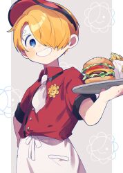  1boy aged_down apron blonde_hair blue_eyes burger collared_shirt commentary curly_eyebrows fast_food food french_fries from_below hair_over_one_eye hat highres holding holding_plate long_bangs looking_at_viewer male_focus natori_(natori_10) necktie one_piece plate red_shirt sanji_(one_piece) shirt short_hair short_sleeves simple_background smile symbol-only_commentary uniform upper_body waist_apron white_apron white_necktie 
