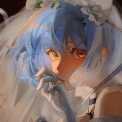  bare_shoulders blue_hair choker covering_own_mouth dress flower gloves hair_ornament highres jewelry orange_eyes ring short_hair solo veil wedding_dress white_gloves zas_m21_(affections_behind_the_bouquet)_(girls&#039;_frontline) zas_m21_(girls&#039;_frontline)  rating:General score:5 user:Theu