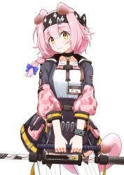 1girl animal_ears arknights black_bow black_collar black_hairband black_skirt blue_bow bow bracelet braid breasts cat_ears cat_girl cat_tail collar commentary_request contrapposto garter_straps goldenglow_(arknights) grey_jacket hair_between_eyes hair_bow hair_ornament hairband hairclip head_tilt high-waist_skirt holding holding_staff id_card jacket jewelry lightning_bolt_print long_hair looking_at_viewer medium_breasts miniskirt multicolored_clothes multicolored_jacket open_clothes open_jacket pink_hair pink_jacket pleated_skirt pocket print_bow print_hairband puffy_sleeves shirt side_braid simple_background single_braid skirt sleeves_past_elbows solo staff tail thighhighs twitter_username wavy_mouth white_background white_shirt white_thighhighs yellow_eyes youdie