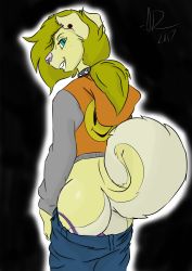  1girl ass black_background female_focus furry furry_female green_eyes highres panties phone_art ponytail smiley_face smirk solo standing underwear  rating:Questionable score:2 user:IsaiahDoane