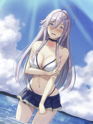  1girl 86_-eightysix- ahoge arm_under_breasts bikini bikini_skirt blue_sky blush breasts choker cleavage cloud collarbone day dutch_angle embarrassed grey_eyes grey_hair gurameso hair_between_eyes highres holding_own_arm looking_at_viewer medium_breasts ocean open_mouth outdoors panty_straps sky solo sunlight swimsuit vladilena_millize wading water 