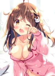 &gt;_&lt; 1girl ahoge areola_slip backlighting bed_sheet blurry blurry_background blush breasts brown_eyes brown_hair rabbit_hair_ornament collarbone collared_shirt commentary_request depth_of_field dress_shirt hair_ornament hand_up kokoa-chan_(pan_(mimi)) long_hair long_sleeves medium_breasts nail_polish navel one_eye_closed open_mouth original pan_(mimi) pillow pink_nails pink_shirt rubbing_eyes shirt sleepy sleeves_past_wrists solo tears upper_body waking_up wavy_mouth rating:Questionable score:40 user:danbooru