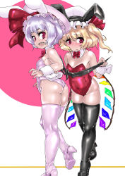  2girls animal_ears ass bare_shoulders blonde_hair blush boots choker closed_mouth covered_navel fake_animal_ears fang flandre_scarlet hat high_heel_boots high_heels leotard loli looking_at_viewer looking_to_the_side mersoleil03 multiple_girls nose_blush open_mouth playboy_bunny purple_hair rabbit_ears red_eyes remilia_scarlet skindentation smile soles standing standing_on_one_leg thigh_boots thighhighs thighs touhou white_background wrist_cuffs  rating:Questionable score:34 user:DarkToonLink