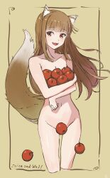  1girl animal_ears apple arms_under_breasts blunt_bangs blush border breasts brown_border brown_eyes brown_hair cleavage collarbone commentary completely_nude convenient_censoring copyright_name cropped_legs english_text falling food fruit groin highres holding holding_food holding_fruit holo kero_(tomoki-tiger) long_hair looking_at_viewer navel nude open_mouth outside_border small_breasts smile solo spice_and_wolf standing tail teeth thigh_gap upper_teeth_only wind wolf_ears wolf_girl wolf_tail yellow_background 