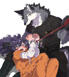  1boy 1girl animal_ears arms_up black_pants black_shirt blush body_fur boots bound bound_wrists cuffs dog_tags feet_out_of_frame furry furry_male green_eyes grey_eyes grey_fur hand_up handcuffs highres holding holding_rope jumpsuit long_hair long_sleeves looking_at_viewer open_mouth orange_jumpsuit original pants police police_uniform prison_clothes purple_hair rata_(norahasu) rope shirt short_sleeves simple_background sitting t-shirt tail tied_up_(nonsexual) uniform white_background white_fur wolf_boy wolf_ears wolf_tail 
