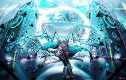  1girl blue_background blue_eyes blue_hair concert hatsune_miku highres microphone qys3 speaker tagme vocaloid  rating:General score:5 user:VocaloidLover