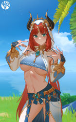  1girl areola_slip bad_id bad_pixiv_id breasts clothing_cutout crop_top detached_sleeves genshin_impact green_eyes hair_ornament harem_outfit headdress highres horns jewelry large_breasts looking_at_viewer nail_polish navel_cutout nilou_(genshin_impact) panties puffy_sleeves red_hair underboob underwear w.q.y white_panties  rating:Sensitive score:91 user:danbooru