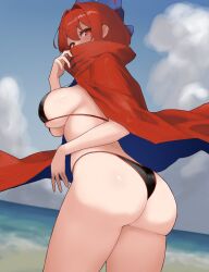  1girl absurdres ass beach bikini black_bikini blue_bow blue_sky bow breasts cape cloud cloudy_sky commentary_request cowboy_shot hair_between_eyes hand_up highres large_breasts looking_at_viewer moriforest1040 outdoors red_cape red_eyes red_hair sekibanki short_hair sideboob sky solo swimsuit touhou water 
