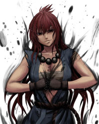  1girl akuma_(street_fighter) aura bandages bandages_around_chest battle_aura beads belt breasts cleavage clenched_hands closed_mouth collarbone crimson_comics dougi facing_viewer floating_rocks genderswap genderswap_(mtf) gloves happy large_breasts long_hair looking_at_viewer martial_arts_belt matching_hair/eyes own_hands_together red_eyes red_hair rock rope rope_belt sarashi sleeveless smile solo standing street_fighter topknot torn_clothes  rating:Questionable score:15 user:TheMeltDown