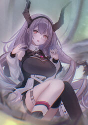  1girl :o arknights asymmetrical_legwear bare_shoulders black_dress black_hairband black_socks black_thighhighs blurry blurry_background blurry_foreground blush breasts brown_horns chromatic_aberration clothing_cutout commentary detached_sleeves dress feet_out_of_frame fingernails framed_breasts hairband hands_up high_collar highres horns kneehighs knees_together_feet_apart kyuu_(q_des9) light_particles long_hair long_sleeves looking_at_viewer medium_breasts o-ring open_mouth pink_eyes pink_socks puffy_long_sleeves puffy_sleeves purple_hair short_dress single_kneehigh single_sock single_thighhigh sitting sleeveless sleeveless_dress socks solo strap thigh_strap thighhighs typhon_(arknights) uneven_legwear white_sleeves white_socks 