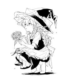  1girl apron bow braid flower frilled_apron frills full_body greyscale hair_between_eyes hat hat_bow highres holding holding_flower kirisame_marisa kneehighs long_hair monochrome natsume_(menthol) open_mouth shirt short_sleeves simple_background single_braid skirt socks solo touhou twitter_username vest waist_apron white_background witch_hat 