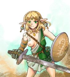  1girl archaic_set_(zelda) blonde_hair breasts floop249 jewelry magatama magatama_necklace medium_breasts necklace nintendo nipples one_breast_out princess_zelda shield short_hair solo sword the_legend_of_zelda the_legend_of_zelda:_tears_of_the_kingdom weapon  rating:Questionable score:31 user:Cancerouscrab