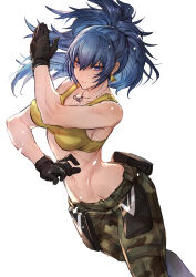  1girl bare_shoulders biceps black_gloves blue_eyes blue_hair breasts camouflage camouflage_pants cargo_pants cleavage crop_top dog_tags earrings gloves highres jewelry large_breasts leona_heidern long_hair looking_at_viewer midriff navel oro_(sumakaita) pants ponytail snk soldier solo tank_top the_king_of_fighters the_king_of_fighters_xiv toned triangle_earrings yellow_tank_top 