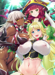 3girls ahoge aoi_nagisa_(metalder) asymmetrical_legwear bare_arms bare_shoulders blonde_hair blue_eyes blunt_bangs bow breast_press breasts covered_erect_nipples curvy dark-skinned_female dark_elf dark_skin day detached_collar detached_sleeves elbow_gloves elf evelyn_celebrian flower full_body gloves gradient_hair green_hair hair_bow hair_flower hair_ornament hair_ribbon head_tilt highleg highres holding_hands hood hoodie huge_breasts knoll_(youkoso!) leotard long_hair looking_at_viewer low_twintails lucie_menelumia multicolored_hair multiple_girls navel nipples no_bra official_art outdoors pointy_ears puffy_nipples red_hair revealing_clothes ribbon see-through shiny_skin small_breasts smile thighhighs thong thong_leotard twintails uneven_legwear very_long_hair youkoso!_sukebe_elf_no_mori_e rating:Questionable score:138 user:fakyuh