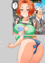 1boy 1girl anal anal_object_insertion ass blush breasts butt_plug cleavage cleavage_cutout clothing_cutout crop_top egg_vibrator electricity exhibitionism green_eyes ha_ku_ronofu_jin highres large_breasts object_insertion orange_hair public_indecency red_hair sex_toy short_shorts shorts solo_focus sweat text_focus translated vaginal vaginal_object_insertion vibrator rating:Explicit score:74 user:stackxx
