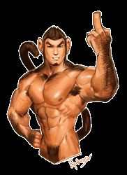  1boy animated animated_gif brown_hair earrings ephorox fur jewelry male_focus middle_finger monkey_tail muscular nude orange_eyes original simple_background smile solo tail white_background  rating:Questionable score:6 user:Shunpo