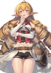 1girl absurdres agmt ahoge bare_shoulders belt black_shorts blonde_hair cropped_shirt detached_sleeves drill_hair elf elinalise_dragonroad hair_intakes hand_to_own_mouth highres long_hair looking_at_viewer mushoku_tensei navel open_mouth orange_eyes pointy_ears red_shirt shield shirt shorts showgirl_skirt solo thigh_gap thighs very_long_hair  rating:Sensitive score:13 user:danbooru