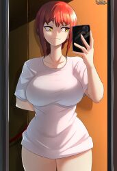  1girl absurdres artist_name braid braided_ponytail breasts chainsaw_man hammerofsolace highres holding holding_leash holding_phone large_breasts leash looking_at_object looking_to_the_side makima_(chainsaw_man) medium_hair mirror phone red_hair ringed_eyes shirt sidelocks smile solo taking_picture white_shirt yellow_eyes  rating:Sensitive score:50 user:danbooru