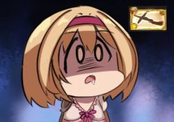  00s 10s 1girl abyaa_face blonde_hair bow bow_(weapon) chibi crossbow djeeta_(granblue_fantasy) dress drooling face_of_the_people_who_sank_all_their_money_into_the_fx_(meme) fighter_(granblue_fantasy) granblue_fantasy kei_(soundcross) meme open_mouth pink_bow pink_dress sakura_taisen saliva shaded_face short_hair shoulder_pads solo upper_body weapon yellow_eyes 
