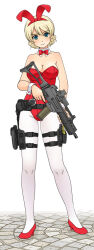  1girl animal_ears bare_shoulders belt black_belt blonde_hair blue_eyes blush bow bowtie braid breasts cleavage collarbone cuffs darjeeling_(girls_und_panzer) detached_collar eotech full_body girls_und_panzer groin gun h&amp;k_g36c handcuffs handgun high_heels holding holding_gun holding_weapon holster legs leotard looking_at_viewer pantyhose pavement playboy_bunny pumps rabbit_ears red_bow red_bowtie red_footwear red_leotard sett smile standing taser thigh_holster thighs trigger_discipline uona_telepin weapon white_background white_pantyhose wrist_cuffs 