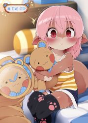  1boy 1girl :o animal_ears bed bed_sheet black_thighhighs blue_shorts blurry blurry_background blush body_fur brown_hair camisole clock commentary dagashi_(daga2626) furry furry_female highres holding holding_clock holding_stuffed_toy loli medium_hair momo-chan_(dagasi) on_bed original paw_print pillow print_thighhighs red_eyes shorts sitting striped_camisole stuffed_animal stuffed_toy tail teddy_bear thighhighs thighs time_stop two-tone_fur white_fur yellow_camisole 