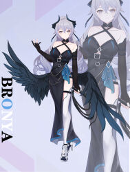  1girl absurdres alternate_costume bare_shoulders black_bow black_collar black_dress black_gloves black_horns black_wings bow breasts bronya_zaychik bronya_zaychik_(silverwing:_n-ex) character_name chinese_commentary cleavage closed_mouth collar collarbone commentary covered_navel criss-cross_halter dress elbow_gloves full_body gloves grey_eyes grey_hair hair_between_eyes hair_bow hair_intakes halterneck highres holding holding_whip honkai_(series) honkai_impact_3rd horns large_breasts long_hair looking_at_viewer low_wings m78_zaitaoaotezhanshi partially_fingerless_gloves red_pupils side_slit sidelocks smile solo standing thigh_strap thighhighs very_long_hair white_thighhighs wings 