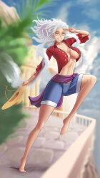  absurdres anime_coloring bikini cloud cloudy_sky colored_skin dress drums feet feet_in_water female_focus flying gear_fifth gear_sixth goddess_of_victory:_nikke hands_up hat highres jumping nika one_piece panties photo_background pirate_hat pirate_queen shirt sky straw_hat swimsuit tail underwear white_bikini white_dress white_hair white_panties white_shirt white_skin 