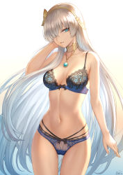 1girl anastasia_(fate) arm_at_side bare_shoulders blue_bra blue_eyes blue_panties blush bra breasts choker collarbone commentary contrapposto cowboy_shot fate/grand_order fate_(series) gradient_background groin hair_between_eyes hair_over_one_eye hairband hand_on_own_face highres lingerie long_hair looking_at_viewer mashuu_(neko_no_oyashiro) medium_breasts multi-strapped_panties navel panties parted_lips ribbon-trimmed_bra ribbon-trimmed_panties signature silver_hair skindentation smile solo stomach thigh_gap thighs topaz_(gemstone) twitter_username underwear underwear_only very_long_hair rating:Sensitive score:42 user:danbooru