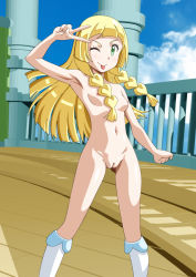  1girl ;p arm_up armpits blonde_hair breasts carinae censored cleft_of_venus cloud commentary_request creatures_(company) day exhibitionism eyelashes feet_out_of_frame game_freak green_eyes highres lillie_(pokemon) loli long_hair looking_at_viewer mosaic_censoring nintendo nipples nude one_eye_closed outdoors pointless_censoring pokemon pokemon_(anime) pokemon_sm_(anime) public_indecency school shadow shiny_skin sky small_breasts socks solo stairs tongue tongue_out v v-shaped_eyebrows white_socks wooden_floor  rating:Explicit score:124 user:danbooru