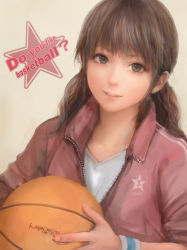  1girl bad_id bad_pixiv_id ball basketball basketball_(object) brown_eyes brown_hair english_text fangs gym_uniform jacket light_smile long_hair looking_at_viewer miche original parted_lips realistic revision simple_background sleeves_rolled_up solo star_(symbol) track_jacket wristband  rating:Sensitive score:25 user:danbooru