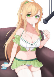  1girl absurdres bare_shoulders blonde_hair blush breasts cellphone cleavage closed_mouth collarbone commentary_request copyright_request couch crop_top green_eyes green_skirt groin hair_between_eyes hand_up highres long_hair medium_breasts microphone navel on_couch panties phone pleated_skirt pointy_ears ponytail sato_art simple_background skirt smile solo strap_pull thighhighs underwear very_long_hair white_background white_panties white_thighhighs 