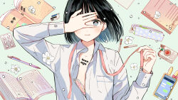  1girl bag_charm black_eyes black_hair blister_pack blush bob_cut body_writing book bow bra bra_peek brand_name_imitation cellphone charm_(object) cigarette cigarette_pack circle covering_one_eye english_text eraser flower green_background highres holding holding_ribbon light_smile line_(naver) long_sleeves looking_at_viewer lucky_strike mechanical_pencil one_eye_covered open_book open_clothes open_shirt original partially_unbuttoned pencil pencil_case phone phone_with_ears pink_bra pink_nails pink_ribbon red_bow ribbon ryuushi shade shirt smartphone solo underwear upper_body vocaloid white_flower white_shirt 