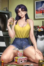 1girl alcohol bare_legs bare_shoulders beer bird brand_name_imitation breasts camisole cleavage cutoffs denim denim_shorts high-waist_shorts highres indoors instant_ramen katsuragi_misato large_breasts looking_at_viewer neon_genesis_evangelion nissin_cup_noodle penguin penpen product_placement purple_hair red_eyes sciamano240 seiza shirt shirt_tucked_in shorts sitting smile spread_legs yellow_shirt  rating:Sensitive score:80 user:danbooru