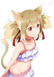  1girl animal_ear_fluff animal_ears arms_behind_back artist_name bikini cat_ears cat_girl cat_tail choker closed_mouth collar collarbone commentary_request flat_chest frilled_bikini frills groin hair_between_eyes hair_ribbon highres ken-ji leaning_forward light_brown_hair looking_at_viewer midriff navel red_choker red_eyes red_ribbon ribbon short_hair short_twintails sidelocks signature silica silica_(sao-alo) simple_background smile solo stomach swimsuit sword_art_online tail twintails twitter_username upper_body white_background white_bikini white_choker 