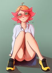  1girl absurdres amanda_o&#039;neill anus arm_support bad_id bad_pixiv_id blush cleft_of_venus dress_shirt embarrassed full_body green_eyes highres legs little_witch_academia long_sleeves looking_at_viewer multicolored_hair no_panties nose_blush orange_hair parted_lips presenting pudgeruffian pussy pussy_juice red_hair shirt shoes short_hair sitting skirt sneakers solo sweat two-tone_hair uncensored upskirt  rating:Explicit score:286 user:danbooru