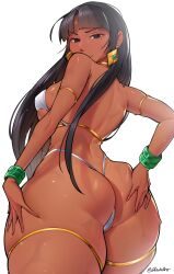  1girl absurdres alternate_costume ass ass_focus aztec bikini black_hair bracelet breasts chel_(the_road_to_el_dorado) choker dark-skinned_female dark_skin dracksart earrings gold gold_choker hand_on_own_hip highres huge_ass jewelry long_hair looking_at_viewer looking_back revealing_clothes signature simple_background skindentation solo standing swimsuit the_road_to_el_dorado thick_thighs thighs wet white_background white_bikini 